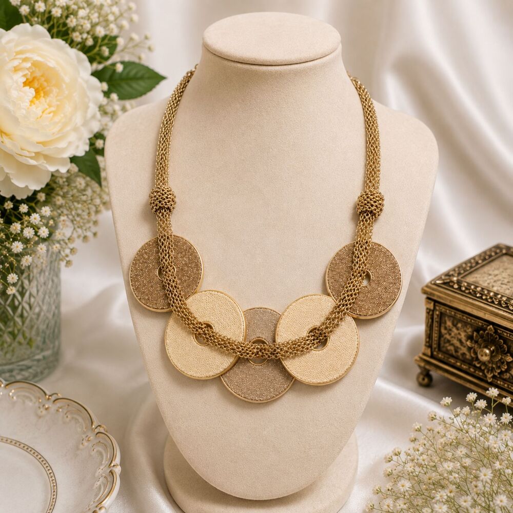 Gold Tone Glittered Disc Statement Necklace Multi Chain Black White 18"